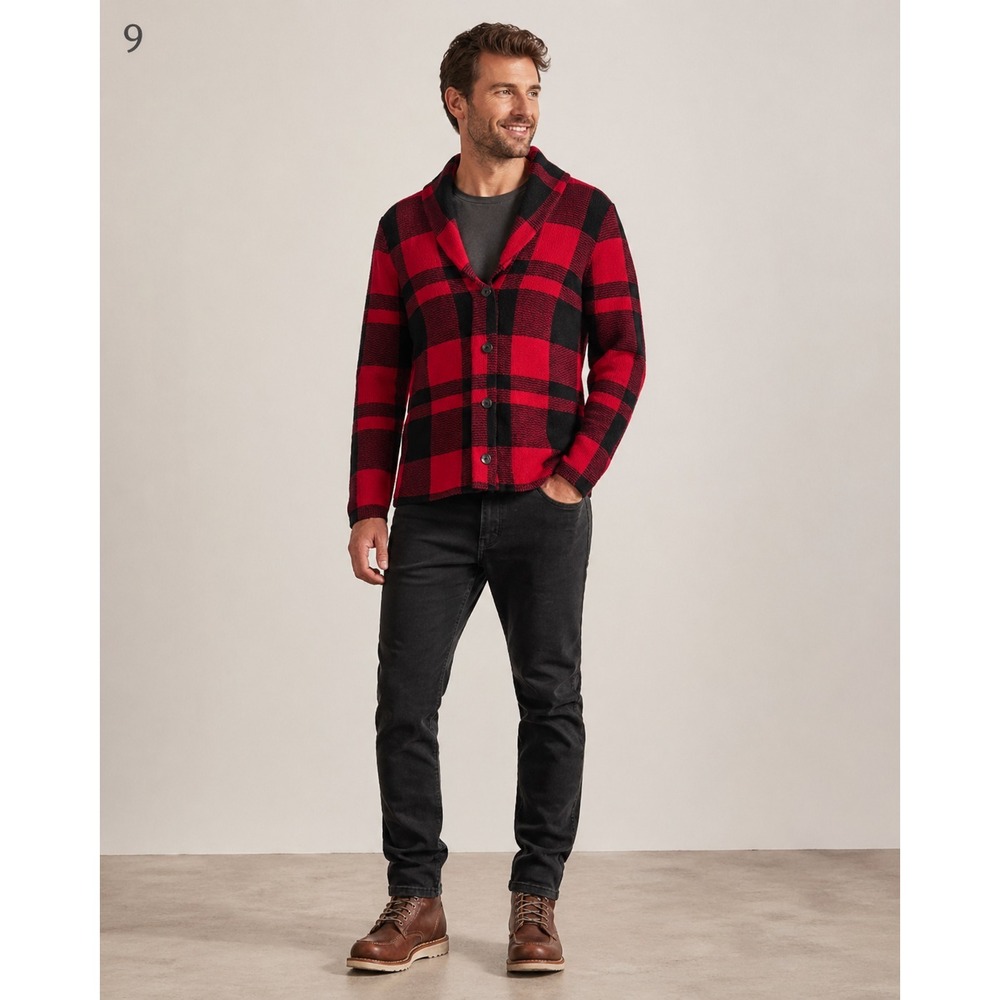 Chaps Sweater Jacket Mens S Red Black Buffalo Plaid Cotton Knit Shawl Collar